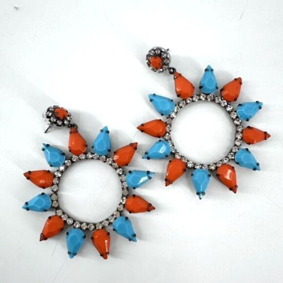 Kenneth Jay Lane Womens Large Circle Crystal Drop Dangle Earring Turquoise Coral - Picture 4 of 12